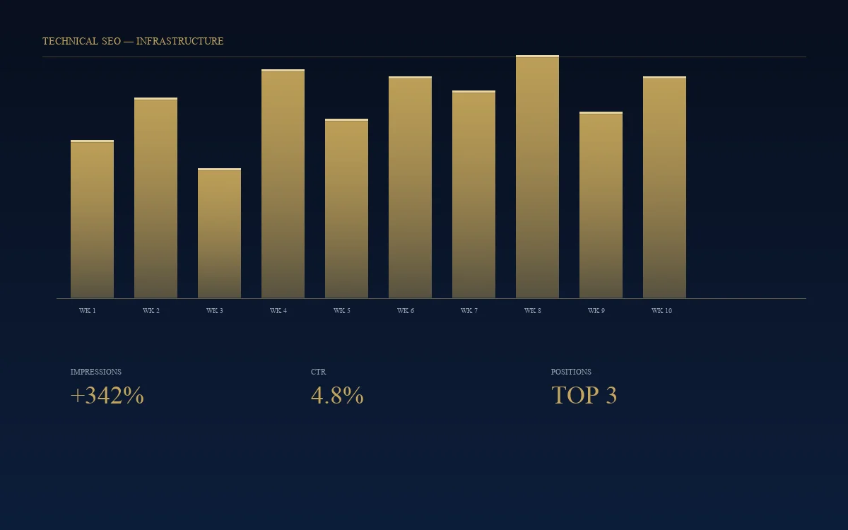 Technical SEO dashboard showing impressions, CTR, and position metrics with weekly performance bars